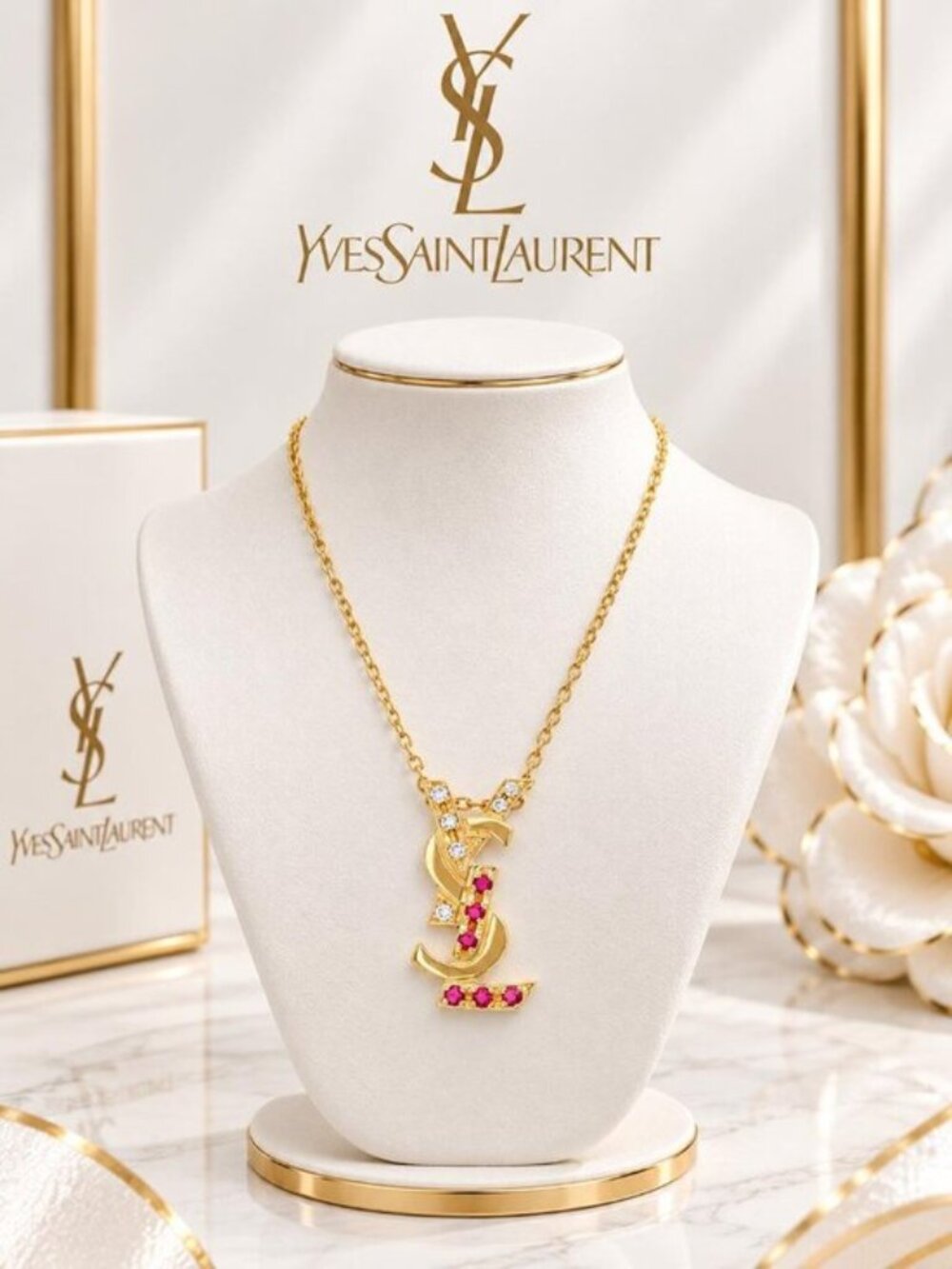 Authentic Saint Laurent YSL Gold Tone Red Crystal Logo Pendant Necklace